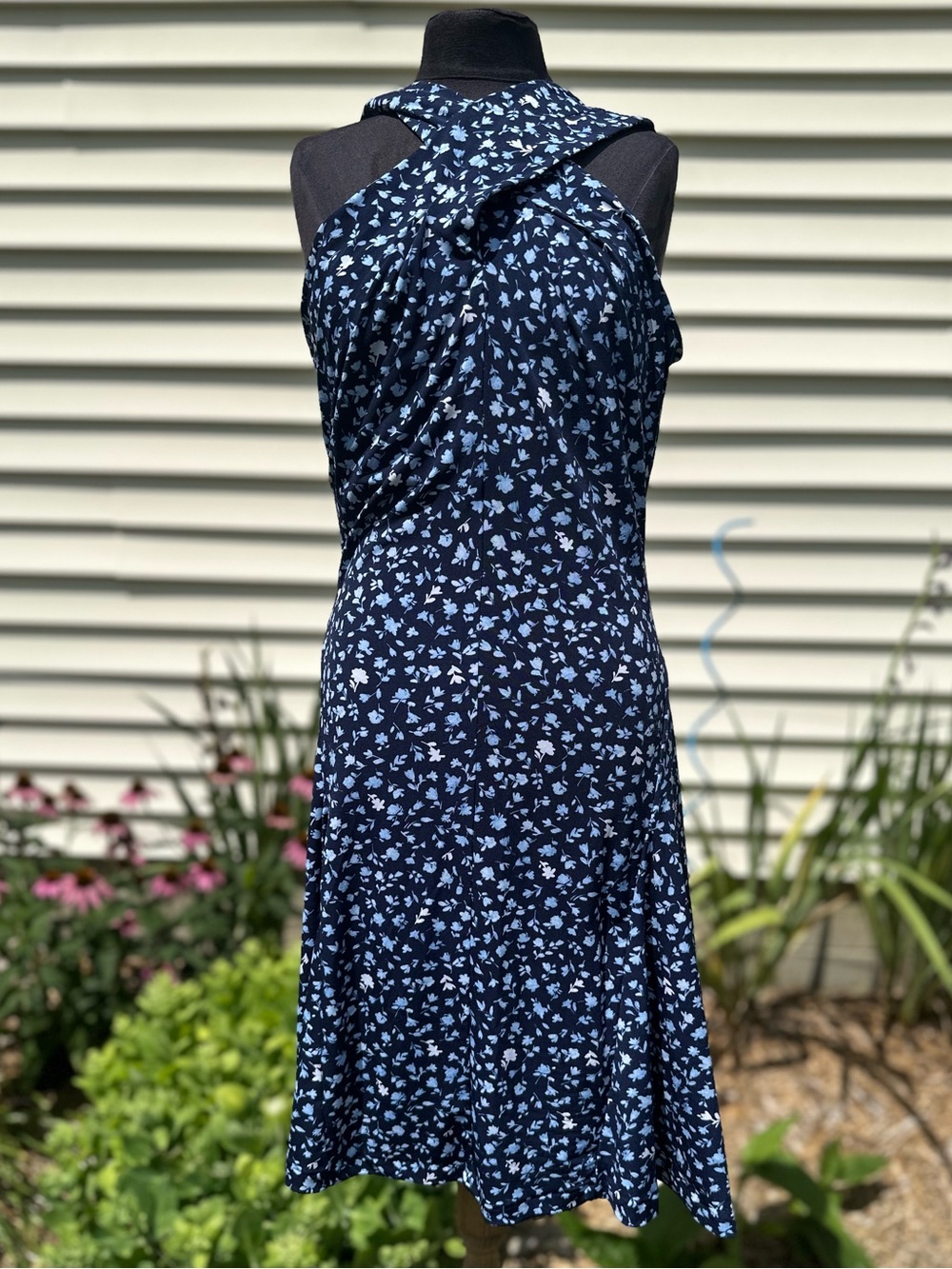Michael Kors Navy Blue Floral Twist-Detail Midi Dress